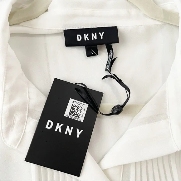 NWT DKNY Semi-Sheer Pleated Ruffle Hem Button Down Blouse Shirt L - Picture 6 of 8